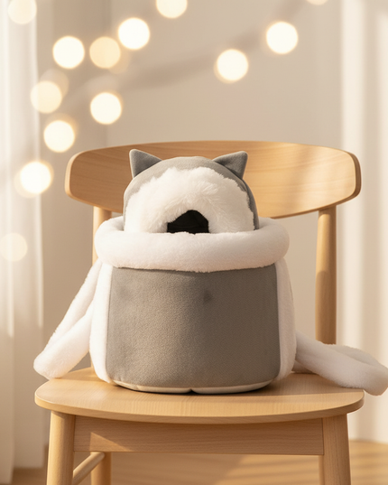 katzen-rucksack-winter-warm-pluesch-hellgrau - lifestyle