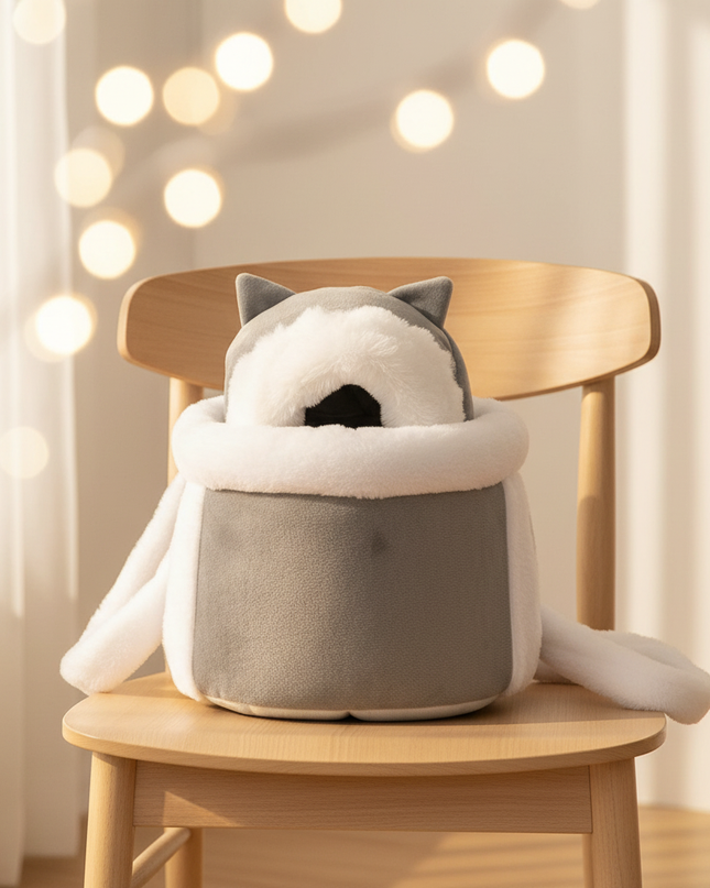 katzen-rucksack-winter-warm-pluesch-hellgrau - lifestyle